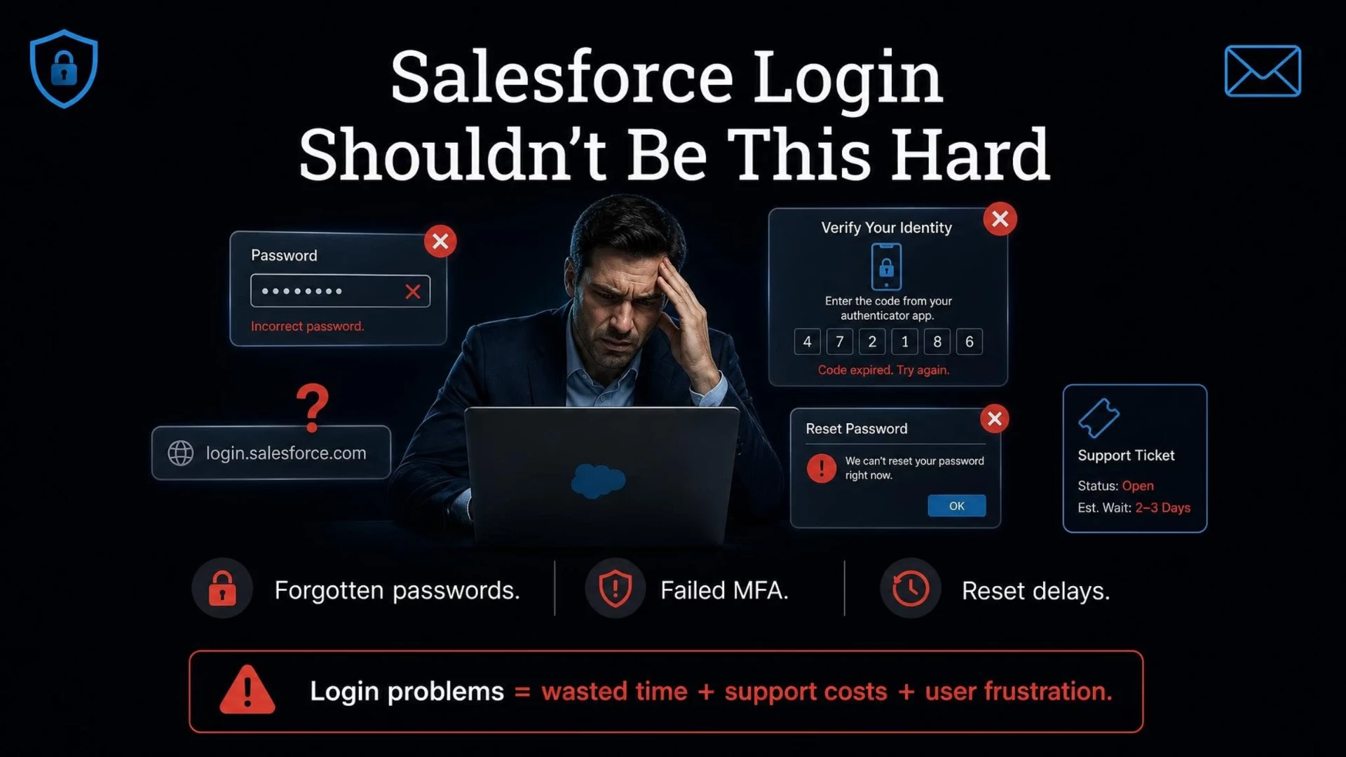 Salesforce login shouldn't be this hard: forgotten passwords, failed MFA, and reset delays waste time and create support tickets